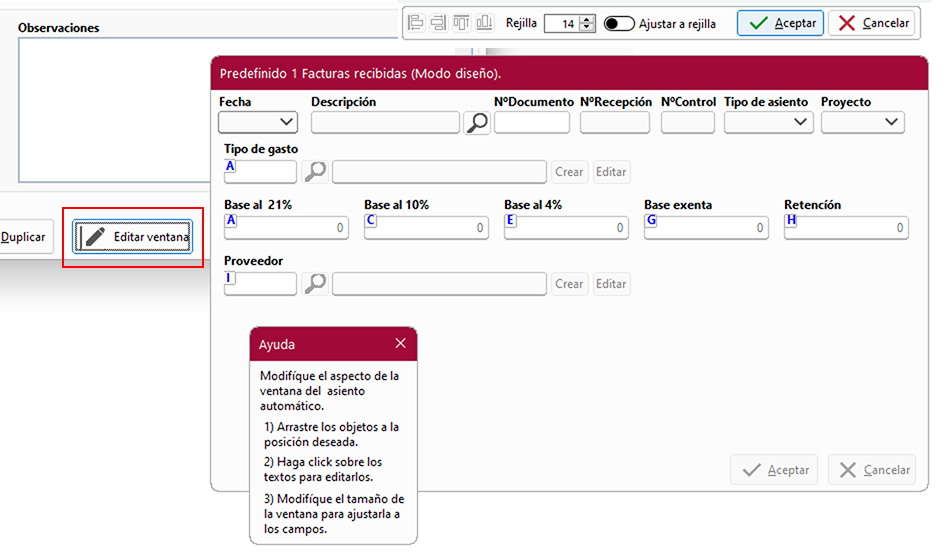 Ventana Predefinido 1 Facturas recibidas (Modo diseño) y ventana auxiliar Ayuda en ClassicConta 7.